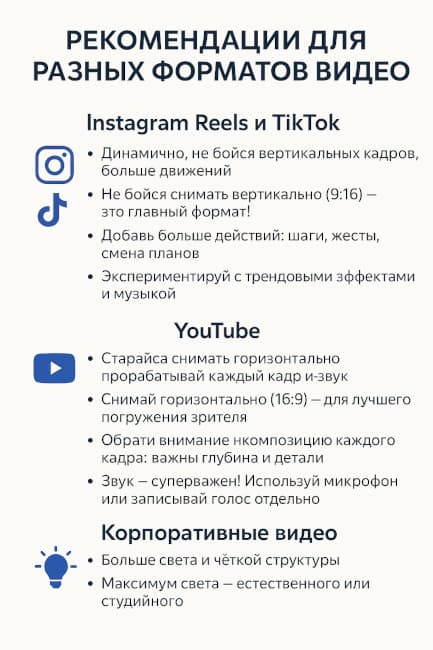 Рекомендации разных форматов съёмки на телефон